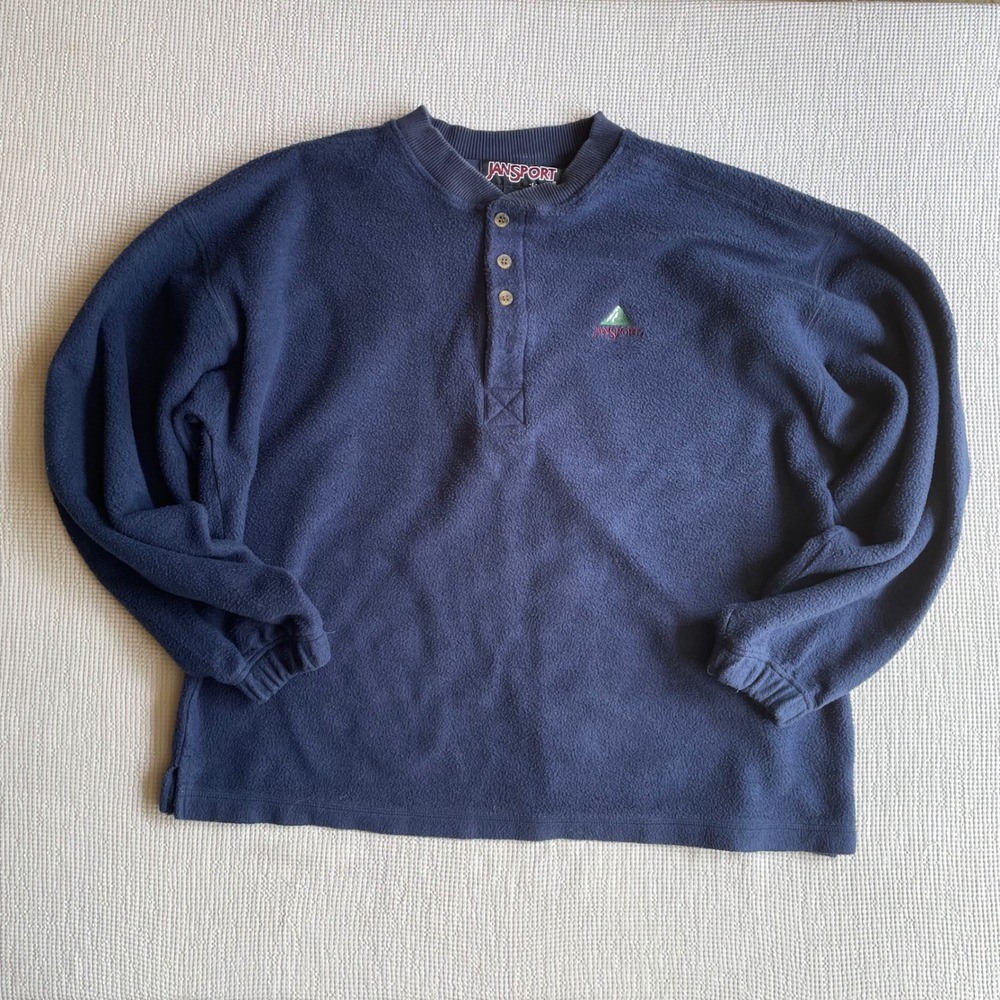 Vintage JanSport Navy Blue Fleece Henley Pullover Mountain Logo Men's Large